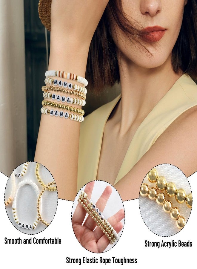 WYVAS MAMA Beaded Stretch Bracelets for Women Bohemian Summer Beach Stackable Polymer Clay Gold Beaded Stretch Bracelets Elastic Layering Friendship Boho Bracelets Set Christmas (10 Pcs) - Image 3